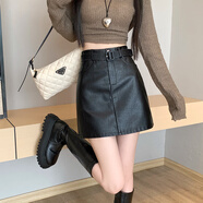 皮爾卡丹（pierre cardin）咖色PU皮裙半身裙女春秋2025新款高腰顯瘦a字防走光包臀氣質(zhì)短裙 黑色（配腰帶） L