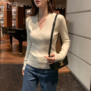 百洛安小眾V領(lǐng)長(cháng)袖羊毛針織衫女春新款百搭彈力舒適套頭打底毛衣 米白色 S