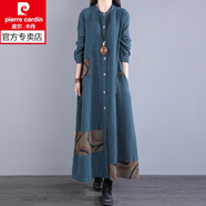 皮爾卡丹（pierre cardin）春季連衣裙年春秋新款復古女裝過(guò)膝長(cháng)袖文藝寬松長(cháng)裙子打底裙 墨綠 M