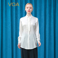 VOA19姆米緞面絲綢POLO領(lǐng)木耳邊拼接單排扣微彈長(zhǎng)袖襯衫女 B3090 緞面流紋白（W14） M