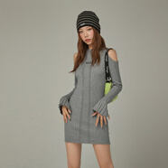 CHUU鏤空露肩連衣裙女2025秋冬季新款坑條木耳邊喇叭袖針織短裙子 灰色 均碼