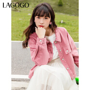lagogo甜美多巴胺粉紅色牛仔外套女拉谷谷純棉顯瘦落肩柔軟上衣 粉紅色(H8) S 155/36
