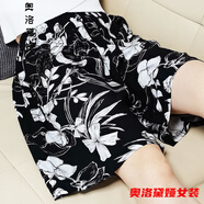 短褲女夏季外穿高腰顯瘦百搭夏季加女士短褲薄款寬松褲裙綿家居褲棉綢沙灘褲 白蘭花 短褲 XXL 130-155斤