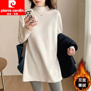 皮爾卡丹（pierre cardin）德絨半高領打底衫女中長款秋冬內(nèi)搭打底衣加絨寬松春秋外穿長T恤 無印圖%23白色【雙面德絨保暖】 L 【建議100-120斤】