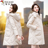 啄木鳥品牌白鴨絨羽絨服女冬季2025年中長(zhǎng)款時(shí)尚女裝中年加厚保暖外套女 米白 L 建議100-115斤