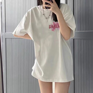 妙奕嘉短袖t恤女純棉白色夏季2025年新款顯瘦遮肚寬松潮流長款半袖上衣 粉色字母白色短袖【白標(biāo)純棉】 M 【建議 100斤內(nèi)】