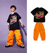 澳伊娜兒童街舞服飾男童嘻哈風(fēng)架子鼓表演服裝男童潮爵士舞套裝帥氣炸街 長(zhǎng)款T恤+橘色工裝褲 140cm