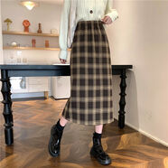VJWK小個(gè)子秋冬季加絨加厚半身裙毛呢格子半身裙中長(cháng)款女秋冬高腰復古 淺棕色_精品TR品質(zhì)面料 S_75~90斤