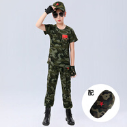赤尹兒童迷彩服裝男童套裝夏季學(xué)生軍訓(xùn)中大童3-13歲小孩衣服短袖長褲 軍綠（兩件套+帽子） 120碼（建議身高1.1米左右）