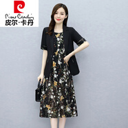 皮爾卡丹輕奢高檔女裝 西裝連衣裙女夏兩件裝法式氣質(zhì)搭配短袖西服碎花裙子收腰夏季針織 黑色 L(建議105-115斤)