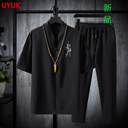 UYUK國風中國風套裝男唐裝男潮牌復古外套中式漢服古裝冰絲短袖T恤男青年 TZ025黑色 XL