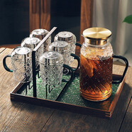 華行 家用杯具茶杯涼水壺杯子透明玻璃壺水杯套裝復古冷水壺 復古把杯6只+復古水壺+茶色杯架+胡桃木綠色托盤(pán)