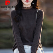 皮爾卡丹（pierre cardin）2024秋冬新款蕾絲拼接圓木耳領(lǐng)針織衫女復(fù)古寬松內(nèi)搭打底衫毛衣女 咖色 2XL