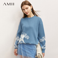 AMII極簡撞色浮世繪提花毛衣秋寬松套頭落肩長袖毛織上衣女 灰藍(lán) 160/84A/M