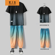 【上衣+褲子】短袖套裝男夏季新款七分袖t恤男生九分褲套裝男韓版潮流學生寬松嘻哈帥氣青少年一套衣服 黑色短袖+藍色褲子 L