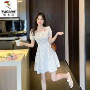 啄木鳥法式方領(lǐng)碎花連衣裙女裝2025夏季新款收腰顯瘦氣質(zhì)小個子裙子夏天 花色 S 95斤以下