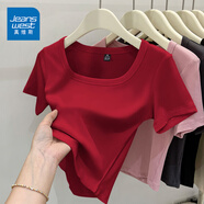 真維斯（JEANSWEST）簡約風(fēng)t恤女夏季韓版緊身顯瘦方領(lǐng)短款短袖女裝休閑百搭半袖小衫 酒紅 純色 L