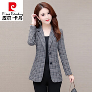 皮爾卡丹（pierre cardin）小西裝外套女裝2025年春秋季新款小個(gè)子短款格子早秋休閑職業(yè)上衣 黑灰格 L 適合106-115斤