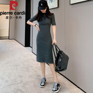 皮爾卡丹（pierre cardin）2025秋裝新款絲絨中袖連衣裙直筒裙氣質(zhì)金絲絨裙復古開(kāi)叉裙打底裙 深灰色純棉(中袖不開(kāi)叉) M 建議96-105斤