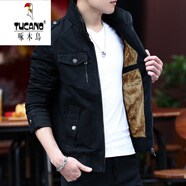 啄木鳥(niǎo)（TUCANO）加絨加厚秋冬季男士立領(lǐng)夾克男純棉韓版防風(fēng)耐磨潮流工裝外套厚款 CN-NKSD-03黑色 加絨 L