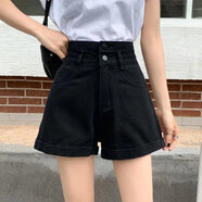 蘭威費(fèi)雷大碼牛仔短褲女夏季年新款胖妹妹mm高腰顯瘦寬松A字熱褲子潮68601 黑色 5XL