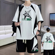 柏樂迪（BAILEDI）青少年冰絲短袖t恤男孩衣服12-15歲初高中學(xué)生夏裝14大童運(yùn)動(dòng)套裝 T68白色【短袖+短褲】 高品質(zhì) 175 2XL 135-150斤左右