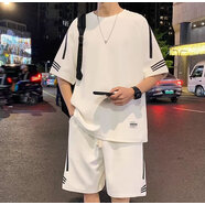 宗獅猴短袖T恤男士休閑套裝男韓版潮流寬松潮男五分半袖一套衣服男青少 F41白色套裝（上衣+褲子） XL【建議125-135斤】