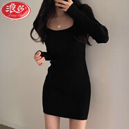 浪莎（LangSha）歐美性感緊身裙子方領長袖連衣裙女欲風辣妹內(nèi)搭短裙打底包臀裙 黑色【常規(guī)款】 M