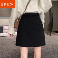 紅蜻蜓半身裙女2025春黑色毛呢短裙新款高腰包臀裙裙子顯瘦A字裙半裙 黑色 S 【建議88斤以下】