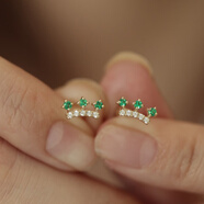 KZD老鳳凰999復古銀鍍14耳釘小皇冠祖母綠鋯石耳飾女耳環(huán) S925純銀祖母綠皇冠耳釘