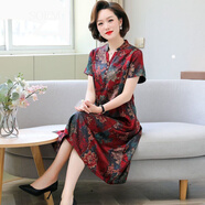 SOEM真絲香云紗連衣裙女夏季新款高氣質(zhì)媽媽裝中年女桑蠶絲長(zhǎng)裙子 磚紅色 (實(shí)物拍攝) L 建議95-105斤