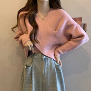 嵐杳不規(guī)則交叉v領(lǐng)套頭毛衣女春秋內(nèi)搭寬松慵懶短款針織衫上衣設(shè)計(jì)感 粉紅色【軟糯親膚】 M