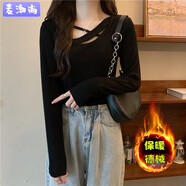 麥潮尚氣質(zhì)顯瘦打底衫女春秋胖mm大碼內(nèi)搭法式洋氣韓版上衣200斤300 黑色 秋冬加厚款 M 80斤-100斤