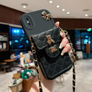 羅璐鷗蘋果XS手機殼斜挎掛繩外殼iPhoneXSMAX鏈條背帶硅膠殼蘋果X保護套女斜跨菱格零錢卡包防摔全包軟殼 【黑色-菱格小熊卡包款】+斜挎掛繩+全屏鋼化膜 蘋果XSMAX