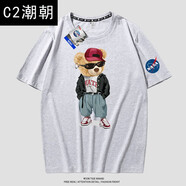 C2潮朝nasa聯(lián)名小熊t恤男男士短袖夏季潮牌半袖t體恤純棉情侶裝 墨鏡熊-灰色 S