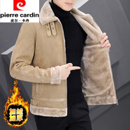 皮爾卡丹（pierre cardin）冬季鹿皮絨外套男短款皮毛一體加絨加厚羊羔毛翻領(lǐng)皮衣夾克機車(chē)服 深卡其色 M 95到110斤