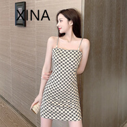xina 香港潮牌性感吊帶裙設(shè)計(jì)感小眾修身顯瘦包臀裙2022夏裝小個(gè)子女裝經(jīng)典格子連衣裙 吊帶裙 S
