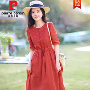 皮爾卡丹（pierre cardin）商場同款撤柜刺繡棉麻連衣裙女收腰系帶顯瘦紅色a字長裙 紅色 (少量現(xiàn)貨) XL 【建議110-125斤】
