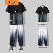 【上衣+褲子】短袖套裝男夏季新款七分袖t恤男生九分褲套裝男韓版潮流學生寬松嘻哈帥氣青少年一套衣服 黑色短袖+白色褲子 XL