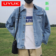 有衣有靠破洞牛仔外套男春秋季韓版潮流學(xué)生牛仔衣帥氣寬松chic夾克牛仔褂 藍(lán)色 L