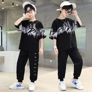 猴兄仔新款網(wǎng)紅男童夏季套裝2022新款兒童夏裝兩件套男孩短袖T恤5到15歲中大童潮流帥氣時(shí)髦夏天衣服 黑色 150(建議身高140CM左右)