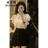 舒芳蝶（shufangdie）連衣裙女裝2025夏季新款收腰Polo領小飛袖上衣高腰顯瘦半裙套裝女 白色上衣 M