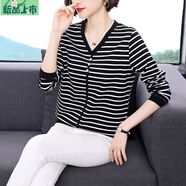 艾妃琳中年媽媽條紋長(cháng)袖t恤女寬松顯瘦小衫秋裝新款純棉洋氣內搭打底衫 黑白條 L 100-115斤
