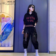 韓秋夢(mèng)歐貨2022秋冬寬松休閑褲女做舊釘珠個(gè)性口袋加絨牛仔哈倫褲潮 2210款 常規(guī) L 120-150斤