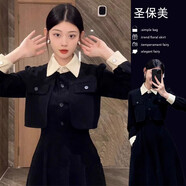 圣保美秋季2023新款女裝赫本風(fēng)polo領(lǐng)法式連衣裙女秋冬季顯瘦黑色長裙子 黑色連衣裙（假兩件款式） S碼