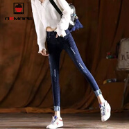 AEMAPE褲子2025春秋冬季新款女裝牛仔褲女彈力黑色破洞九分褲高腰 藍色毛邊-破洞-199 30 _2尺3[約120-130斤]