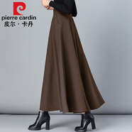 皮爾卡丹高檔品牌女裝2022秋冬毛呢格子半身裙女百搭高腰A字裙中長(zhǎng)款加厚顯瘦長(zhǎng)裙 咖啡色 L