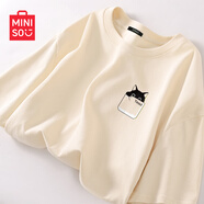 名創(chuàng)優(yōu)品（MINISO）短袖2025新款女夏季胖mm大碼顯瘦寬松女裝純棉半袖夏天正肩女t恤 奶白色(口袋貓胸標(biāo)) XL (體重130-150斤)