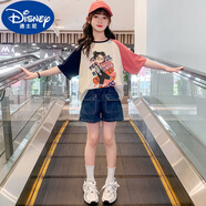 迪士尼（Disney）女童純棉T恤2024新款夏季兒童短袖時髦寬松上衣夏裝9-14歲大女孩 白色插肩袖【單件短袖】 160(適合150-160cm，11-12歲)