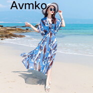 潮牌Avmko連衣裙2022夏新款旅游沙灘大擺長(cháng)裙海邊度假顯瘦遮肉V領(lǐng)雪紡碎花蝙蝠袖連衣裙 藍色 S